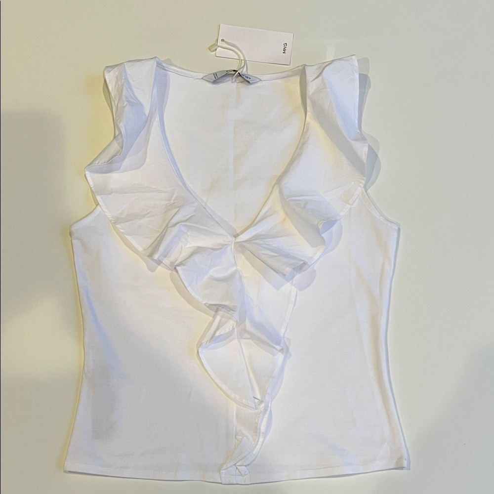 Mango White Ruffle V-Neck Sleeveless Top